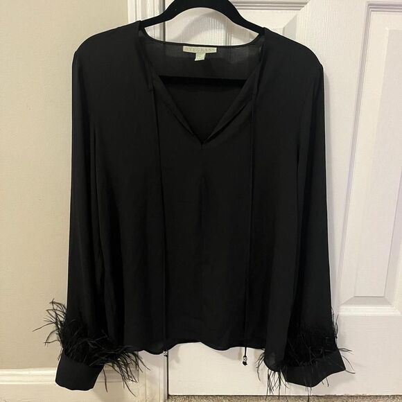 Tops - Ryegrass - Black Blouse with Removable Feather Cuffs - Size Small, NWT